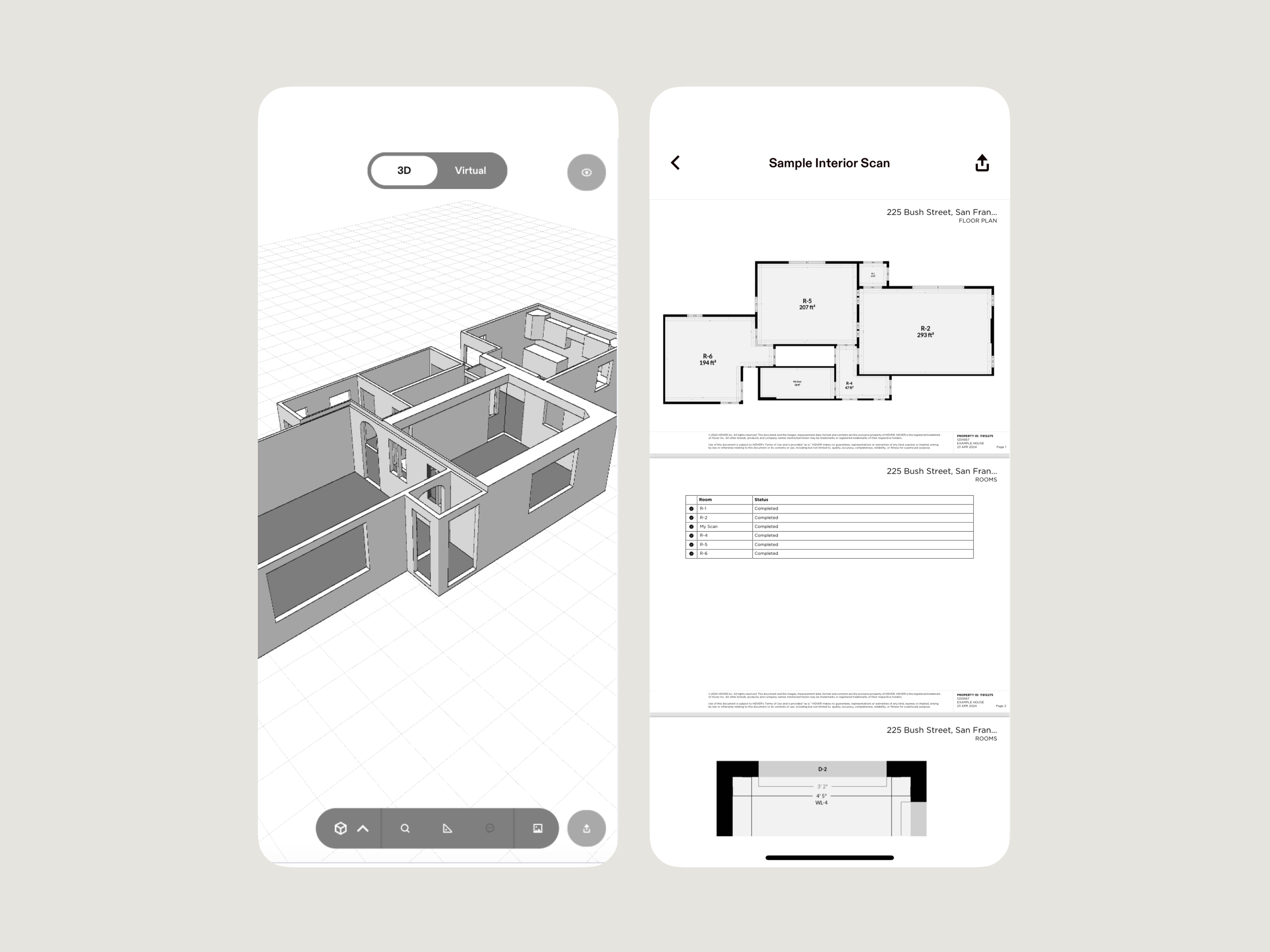 View of two screens showing hover interior 3D model and floorplan