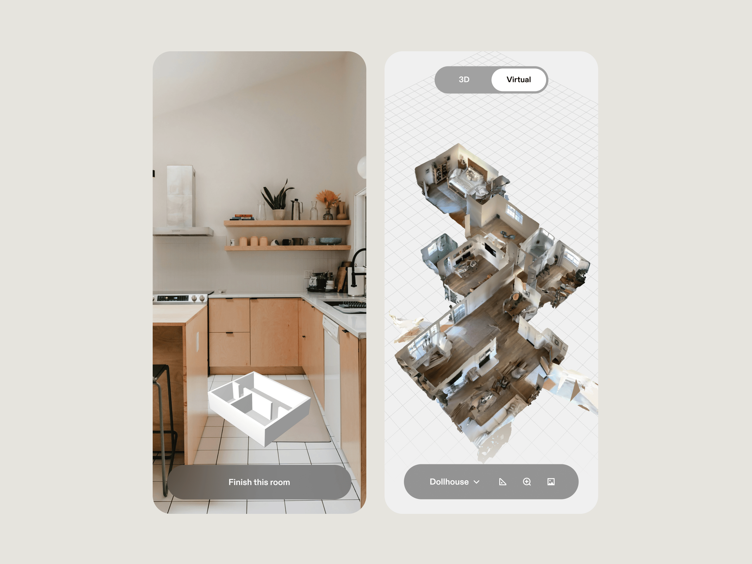 View of two screens showing hover interior virtual walkthrough and the 3D results