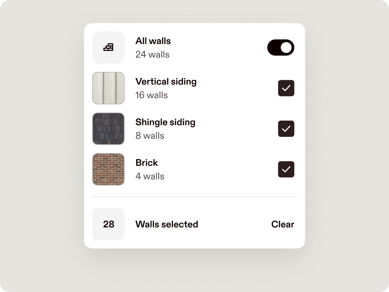 A closeup of the action menu, giving users a way to turn on and off various materials from their design.
