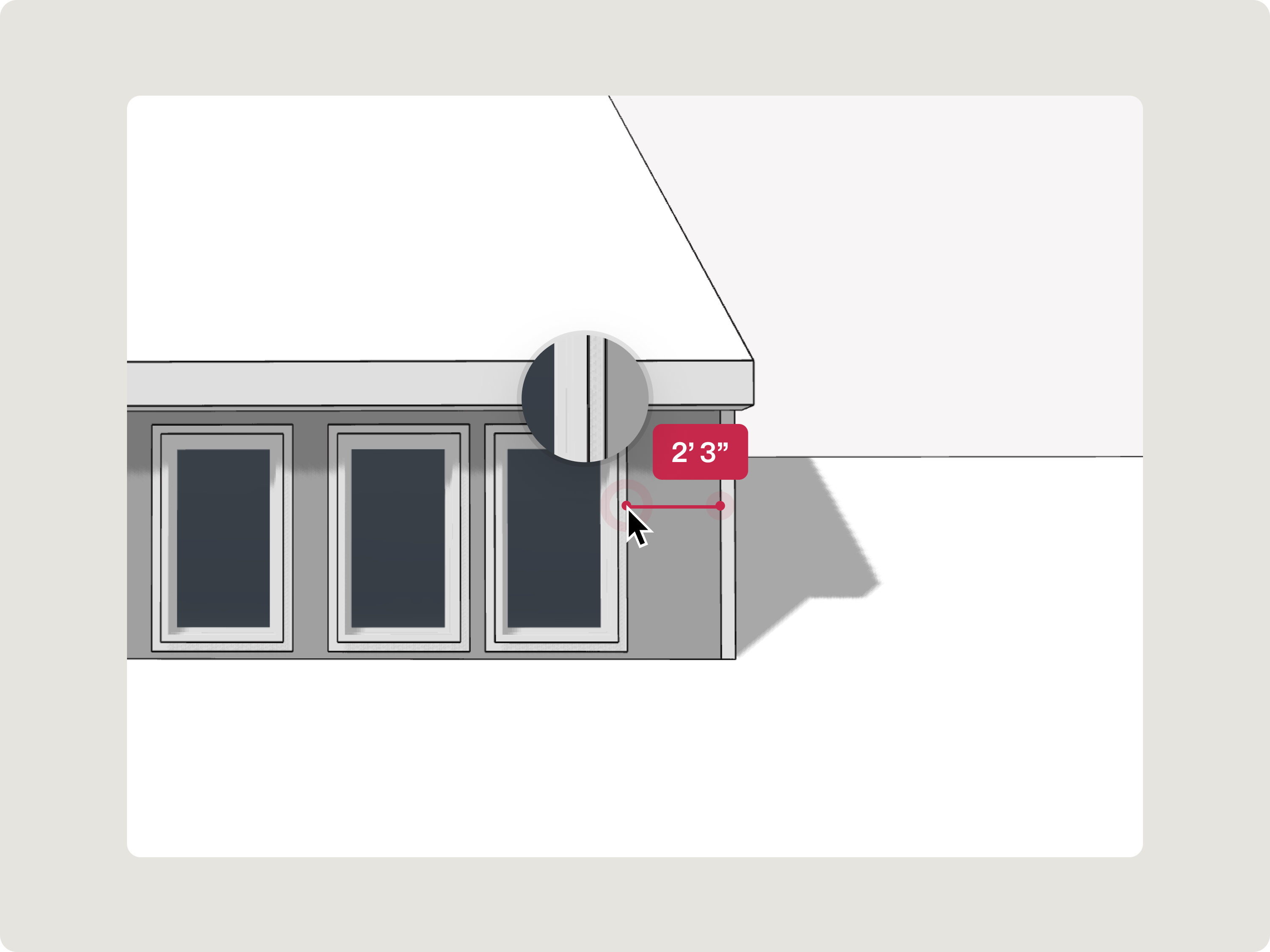 A screenshot showing Hover's measurement feature being used to measure a 2' 3" facet of a house.