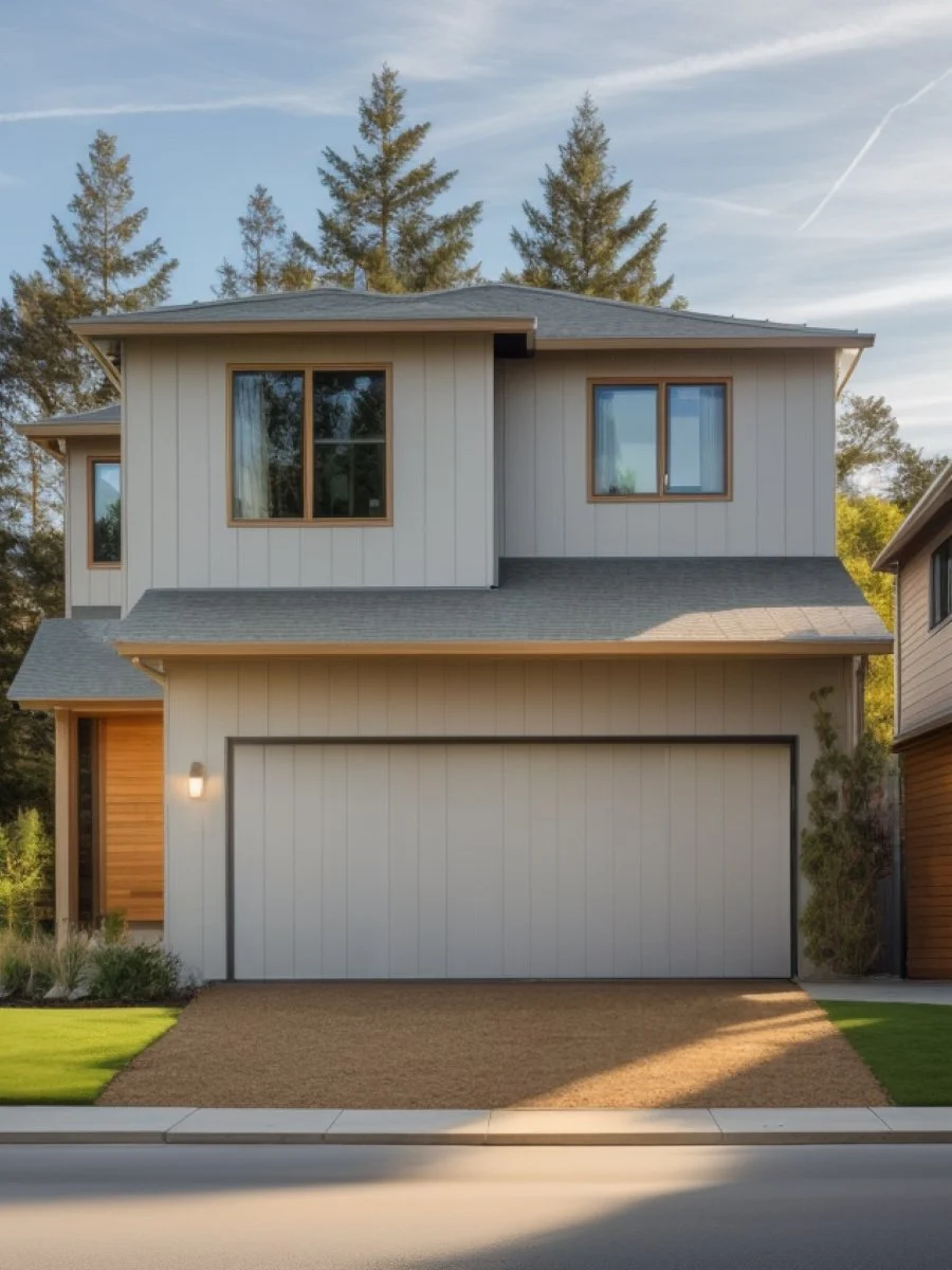 A light gray house exterior with a matching garage door and natural wood trim.