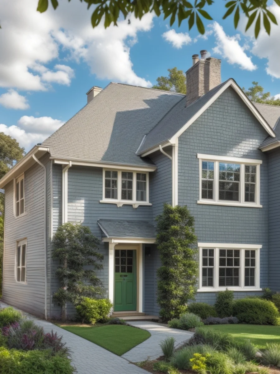 A traditional home exterior painted a cheerful greenish blue.
