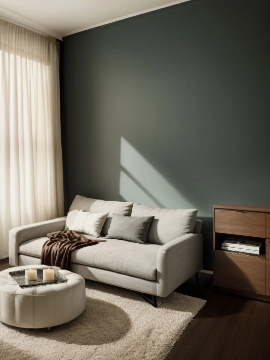 A living room painted a deep green. The furniture is simple and modern, and the light from the windows casts a dramatic shadow.