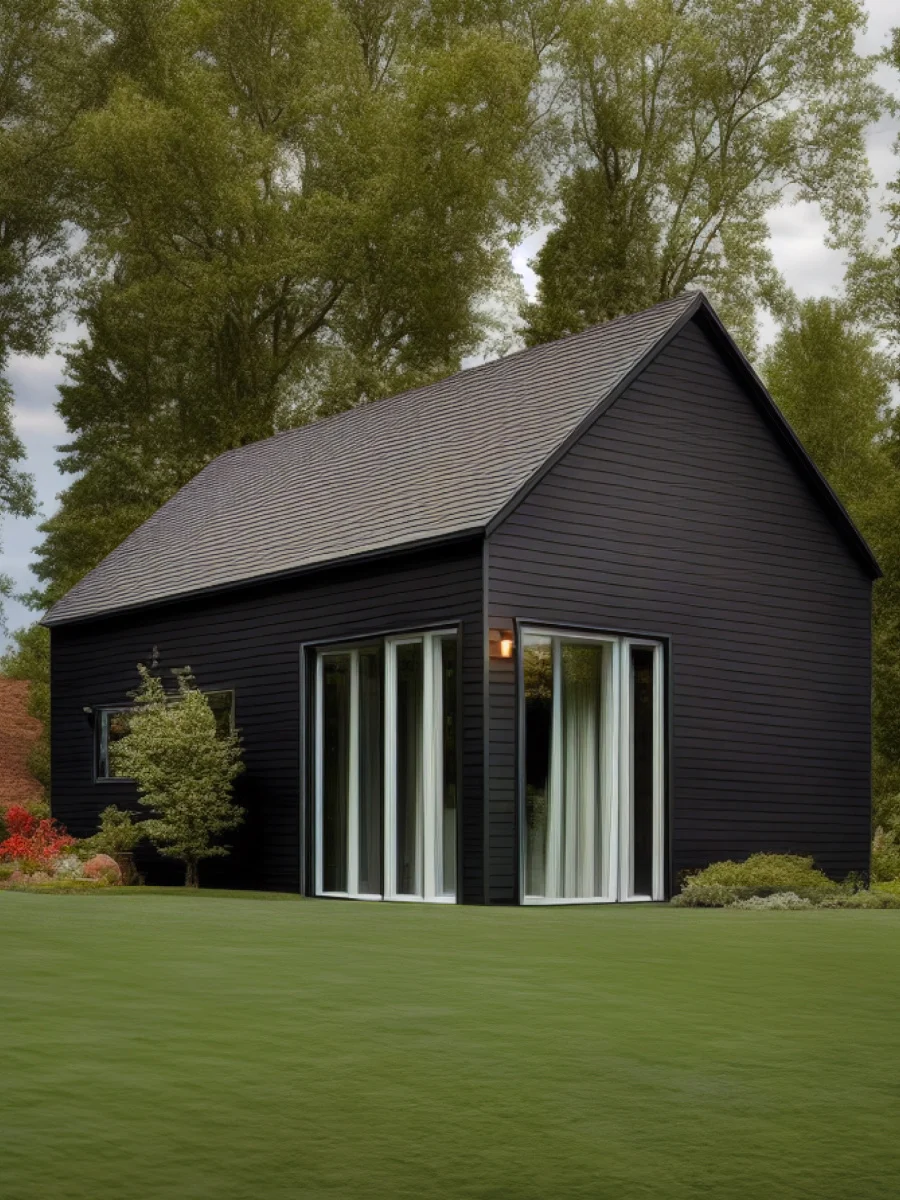 A small building with black walls and a generous, modern French door.