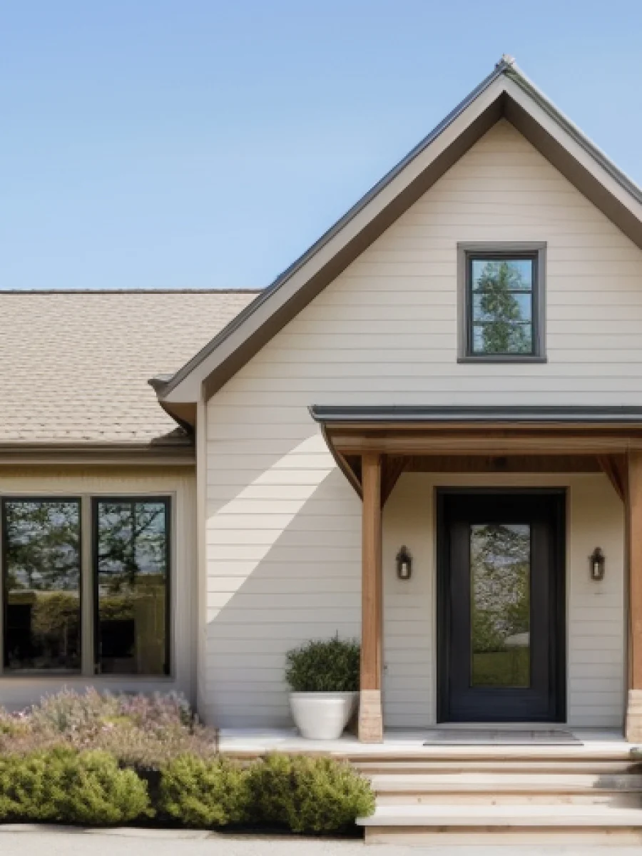 A tidy cream Farmhouse exterior with wood columns and a pointed roof.