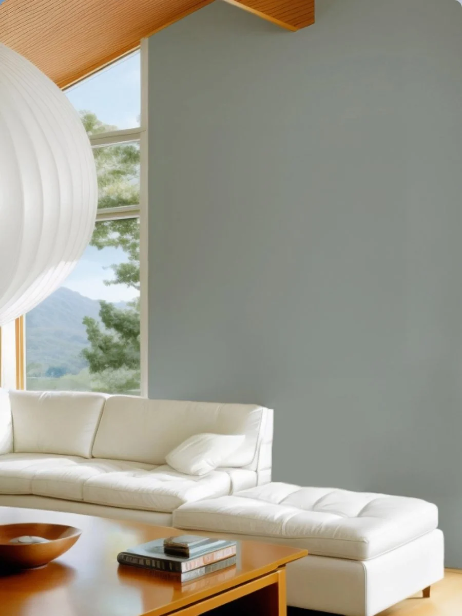 A corner view of a sea blue living room. There are hints of Mid-Century Modern furniture and a pendant lamp.