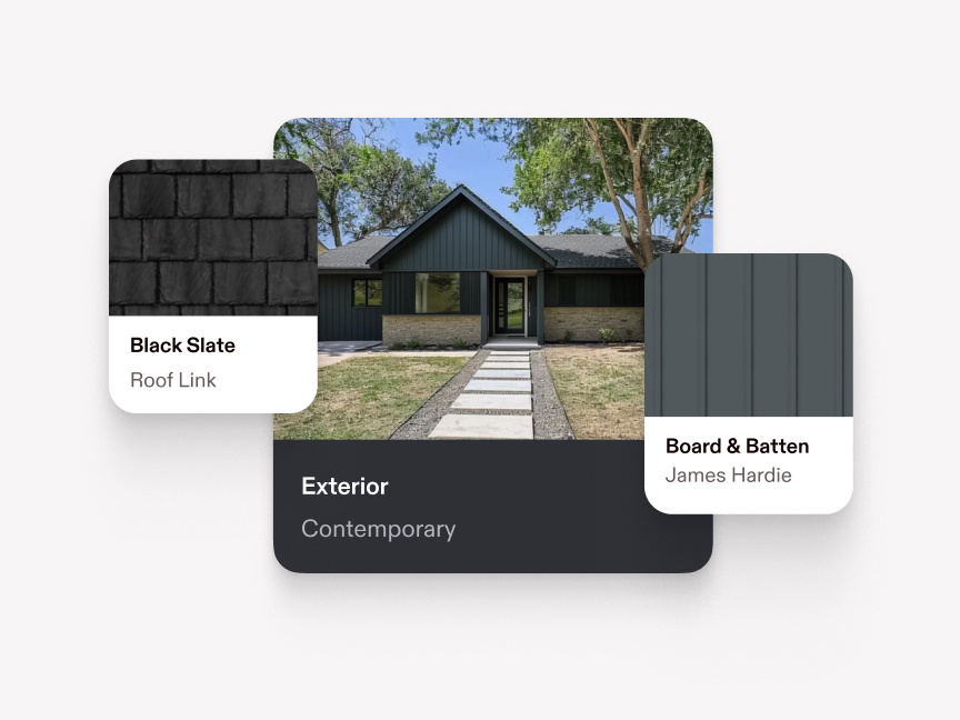 A graphic comprising multiple images: a closeup photo of black slate roofing tiles, a closeup photo of gray vertical board and batten siding, and a rendered image of a home with both of these materials applied to it.