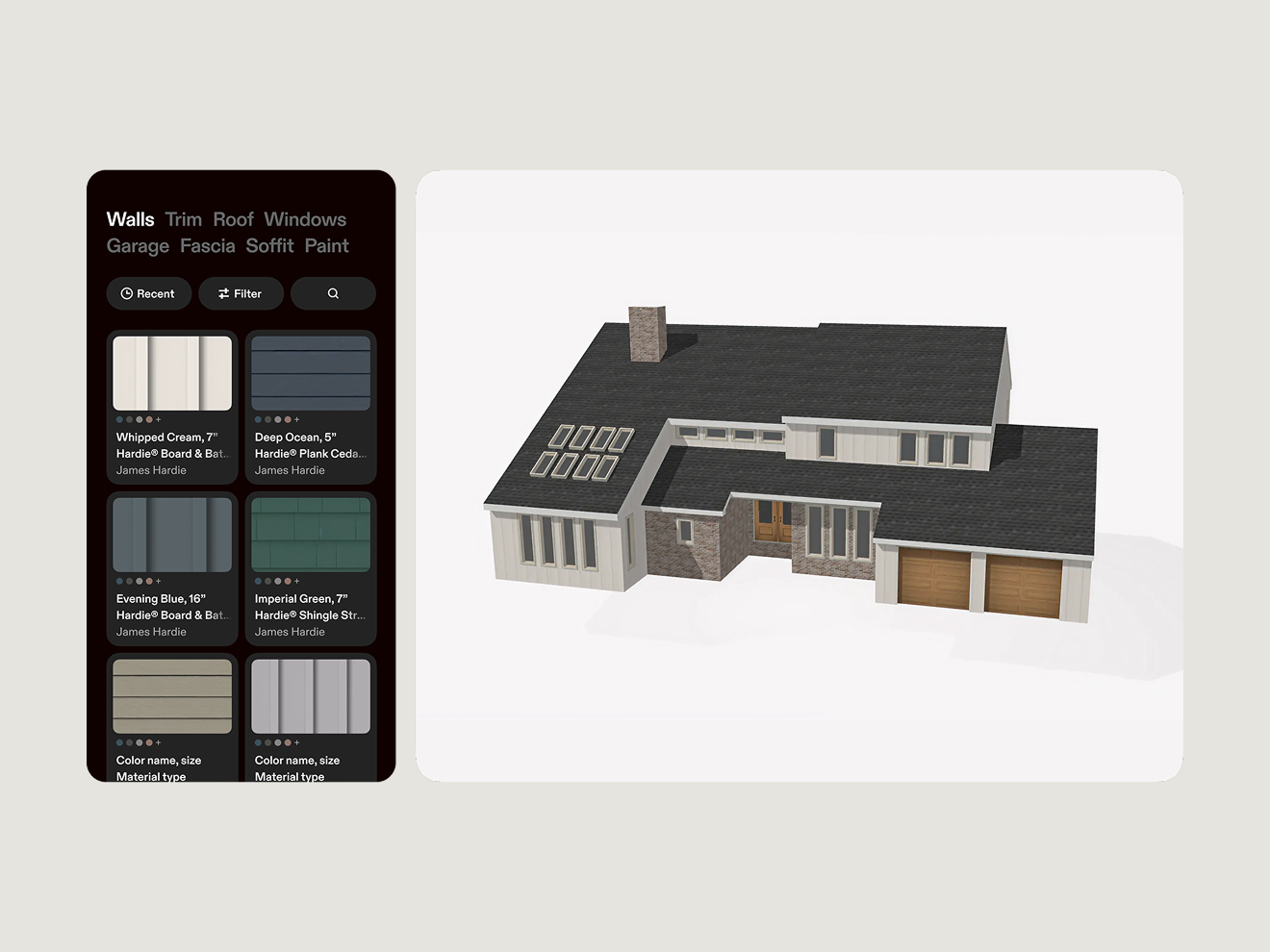 A desktop view of a 3D model home in the process of being designed. There are different swatches of siding in a variety of colors.
