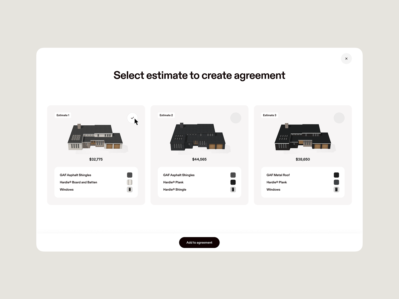 An arrow hovers over a side by side view of three estimates in the process of creating a proposal.