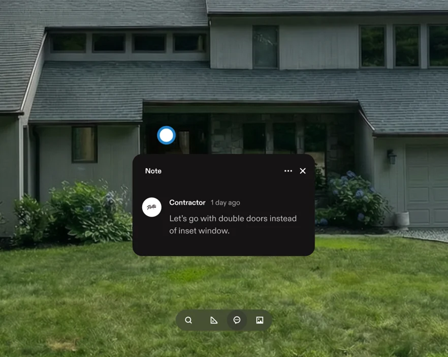 A pop up over a home shows a contractor leaving notes for his team.