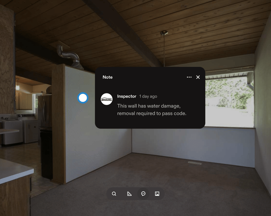 A pop up over a home shows an inspector leaving notes for his team.