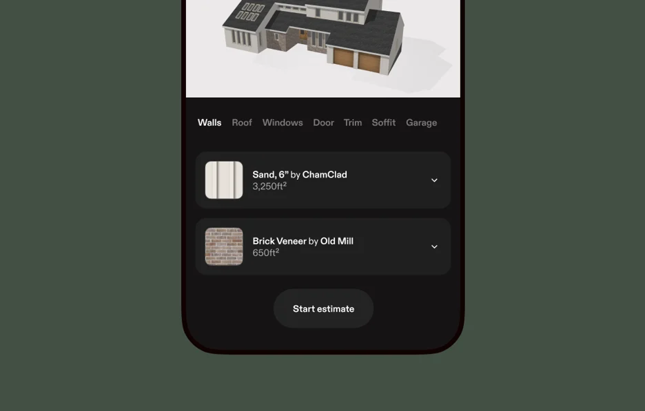 A phone screen shows a list of materials from a Hover Design, followed by the process of starting an estimate to bring the renovation to life.