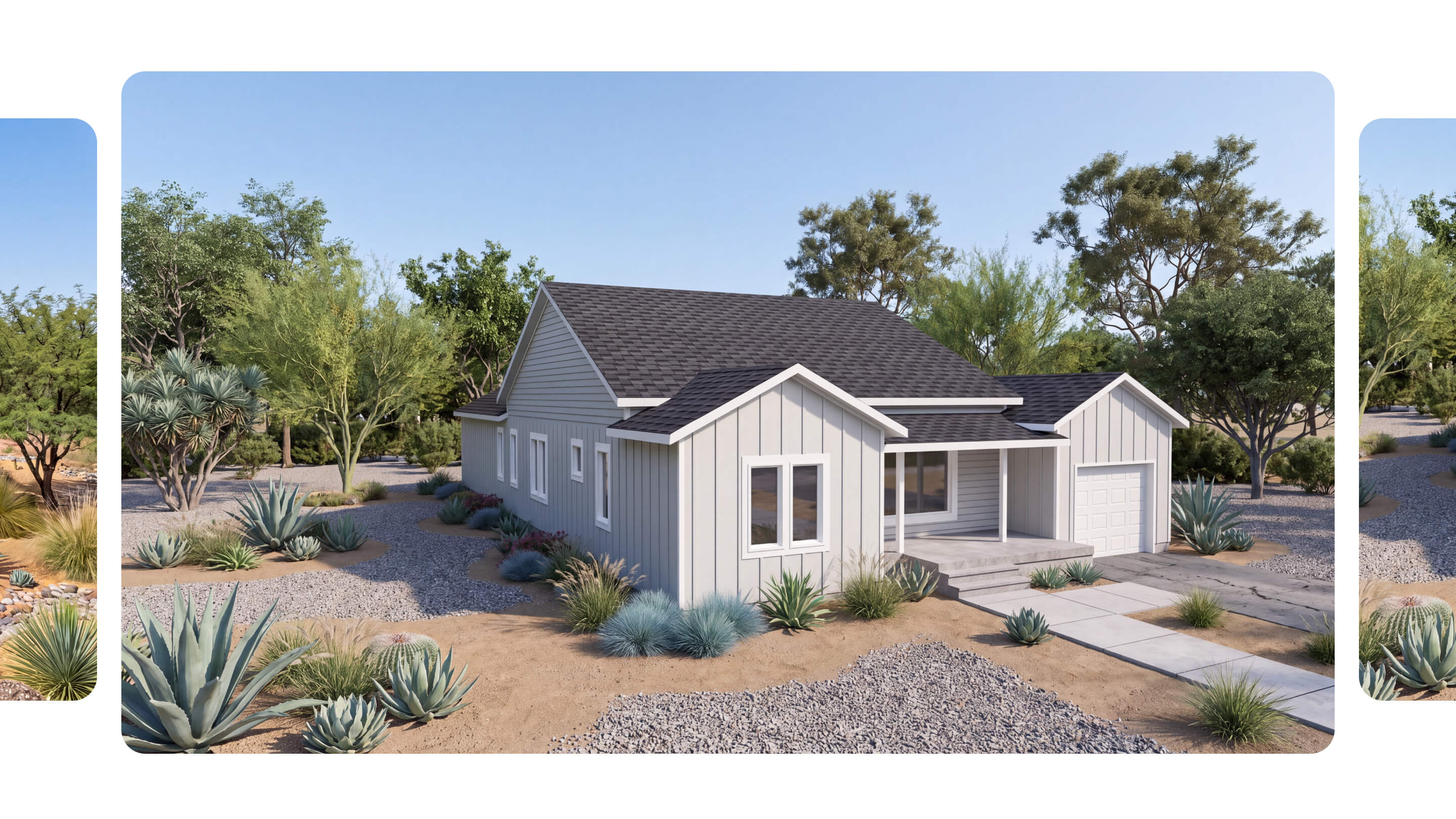 A photo-realistic, rendered image of a home with white board and batten siding, situated amongst natural landscaping.