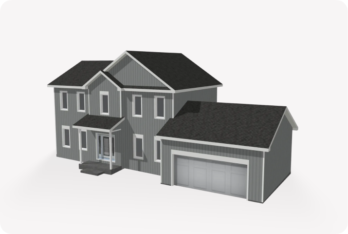 Model of a complex structure with multiple levels, a garage, and entryway.