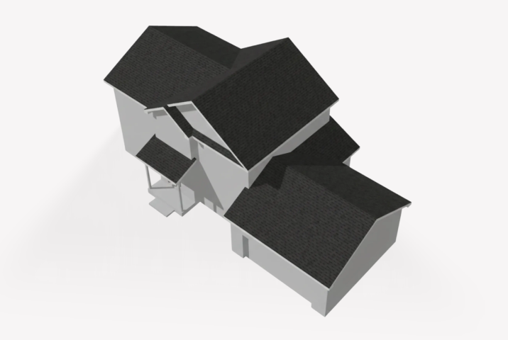 The roof of a complex structure with multiple levels, a garage, and entryway.