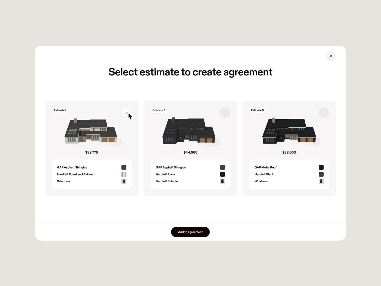 Screen showing three Hover Proposal options