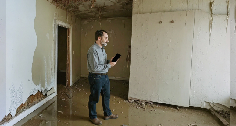 Man holding phone to document interior inspection in damaged property