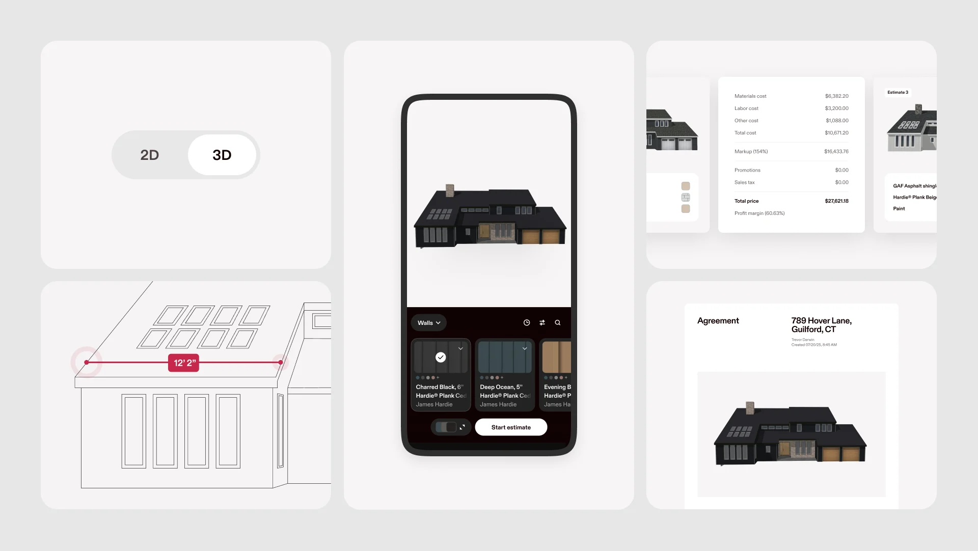 Hover app flow: 3D home scan, siding material options, cost breakdown, and a signed agreement for a one-call close.
