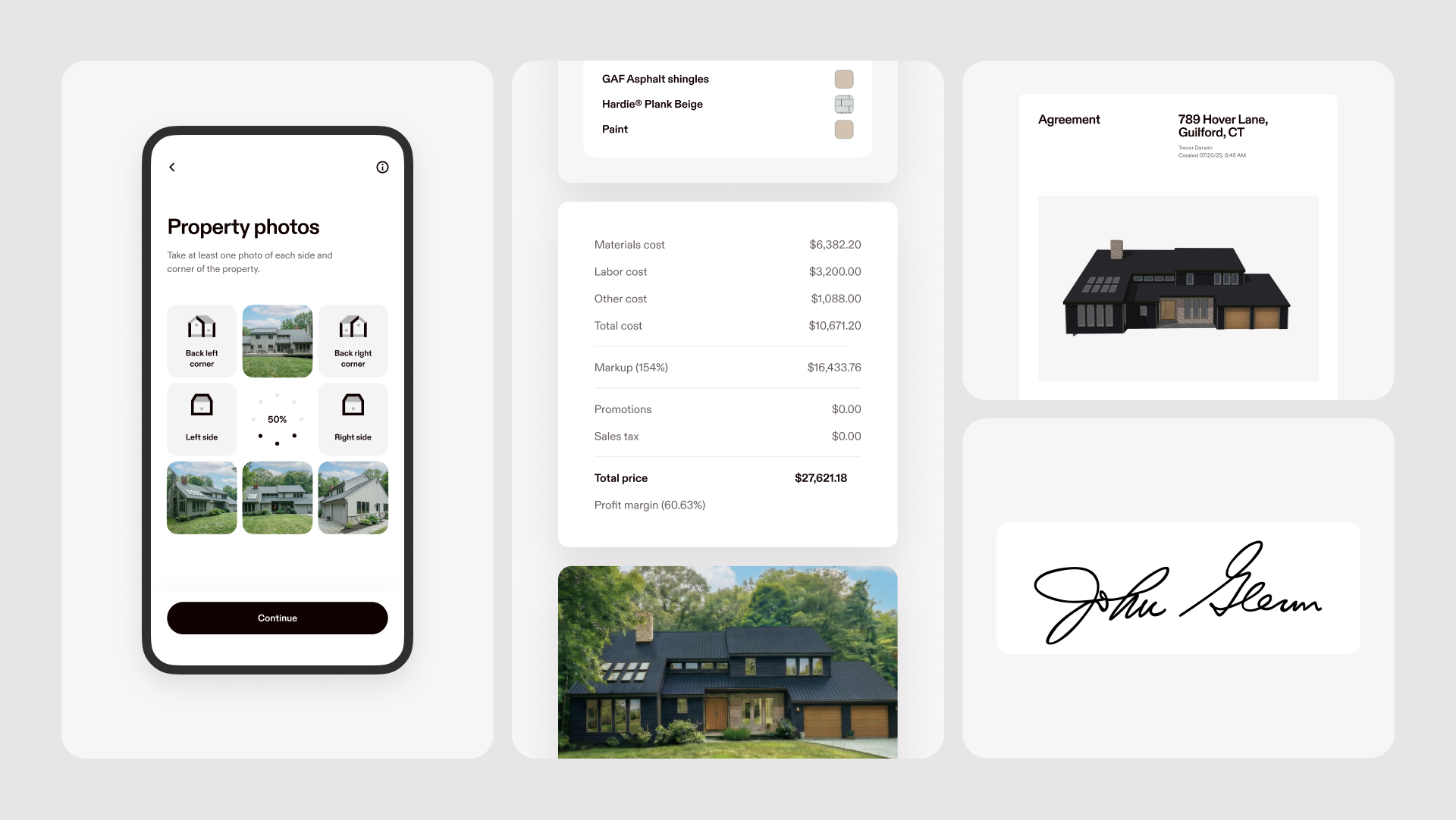Hover app flow: property photos, materials list, cost breakdown, and a signed agreement — the full estimate-to-signature workflow in one platform."