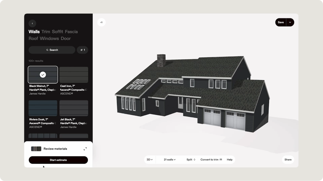 view of 3D modeled home with material options